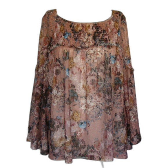 ANTHRO Akemi * Kin Top, L, Smocked, long Sleeve, Wide Neck, Floral, Pink… - Picture 9 of 14